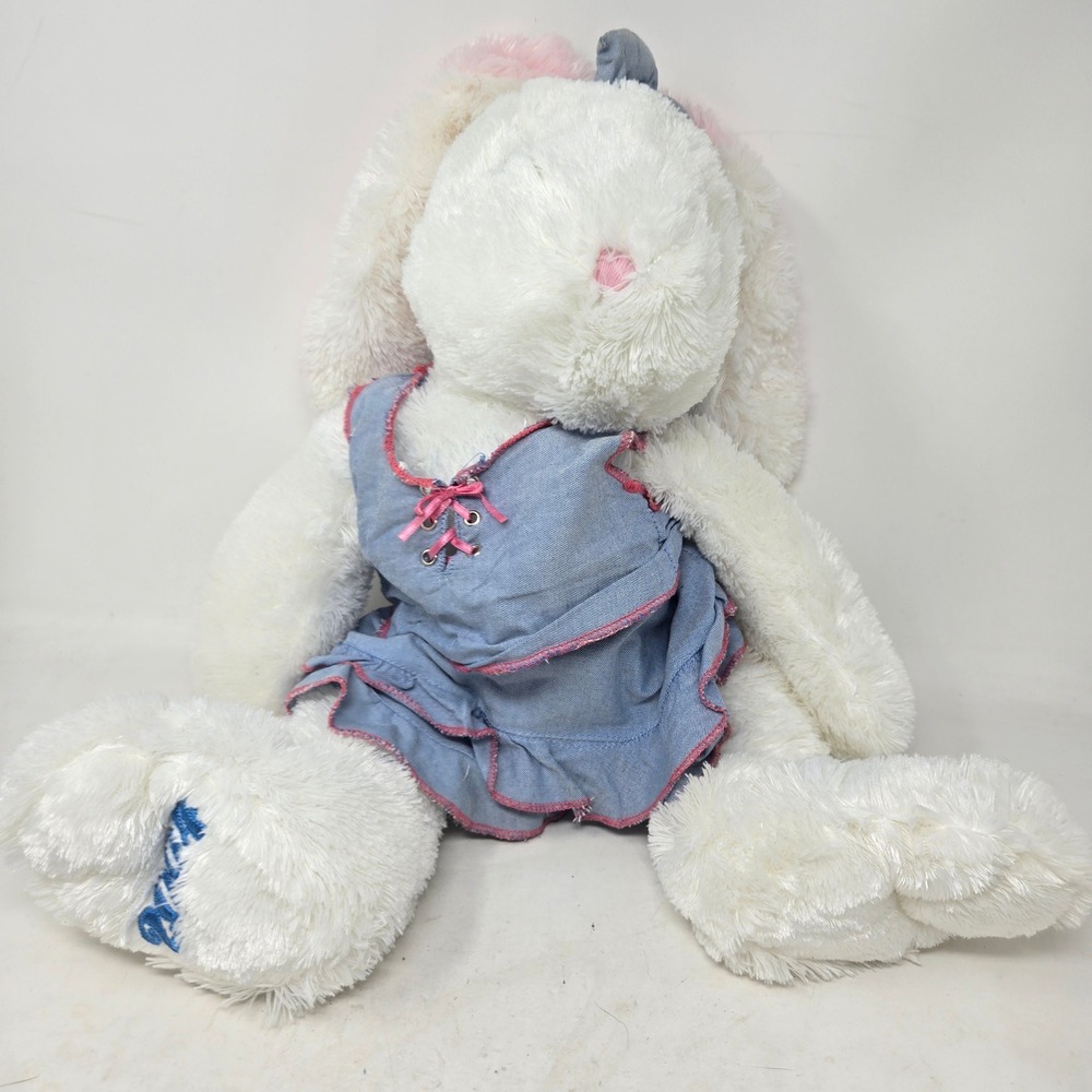 Dan Dee Collector's Choice 2004 White Plush Bunny Rabbit Blue Denim Dress‎ 18"